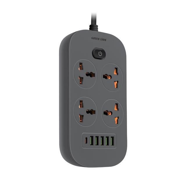 فيش متعدد المخارج من جرين ليون 5 منافذ يو اس بي ايه و يو اس بي 2 متر 2500 وات بلون رمادي Green Lion Power Socket  5 USB - A & 1 Type C  2 Meter 2500W Gray