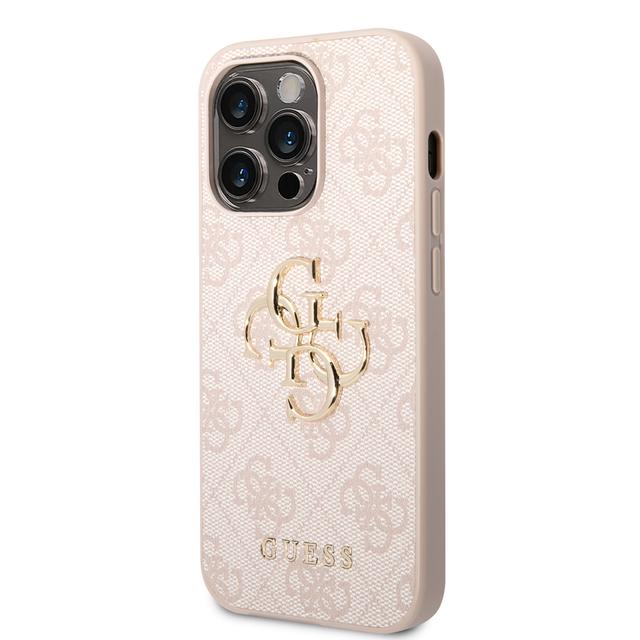 جراب ايفون 15 برو ماكس بشعار معدني من الجلد الصناعي بلون وردي من غيس Guess PU Leather Case with 4G Metal Logo for iPhone 15 Pro Max Pink