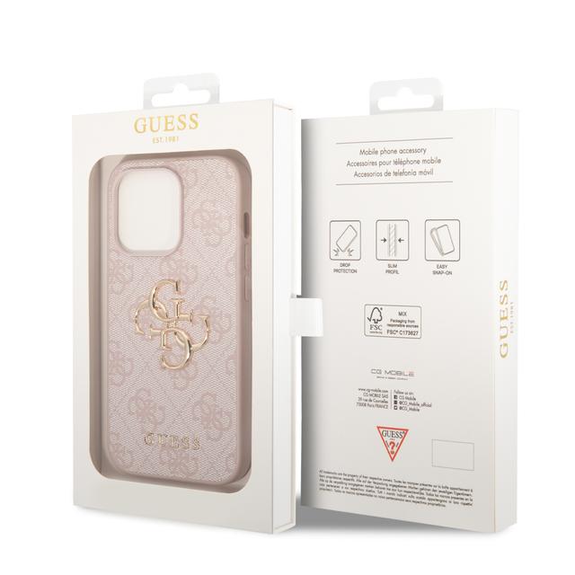 جراب ايفون 15 برو ماكس بشعار معدني من الجلد الصناعي بلون وردي من غيس Guess PU Leather Case with 4G Metal Logo for iPhone 15 Pro Max Pink