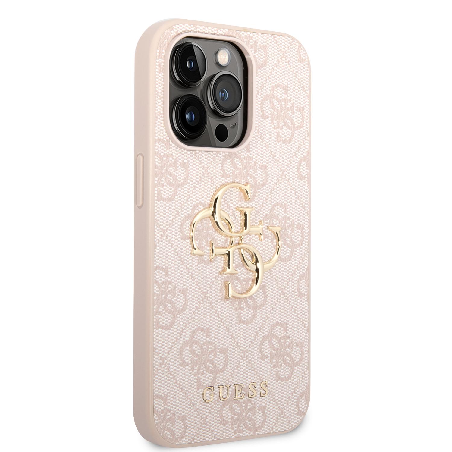 جراب ايفون 15 برو ماكس بشعار معدني من الجلد الصناعي بلون وردي من غيس Guess PU Leather Case with 4G Metal Logo for iPhone 15 Pro Max Pink