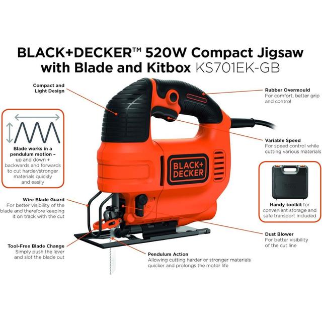 Black+Decker 520w Variable Speed Compact Jigsaw With Blade In Kit Box For Wood Cutting - SW1hZ2U6MzI0MDg0Nw==