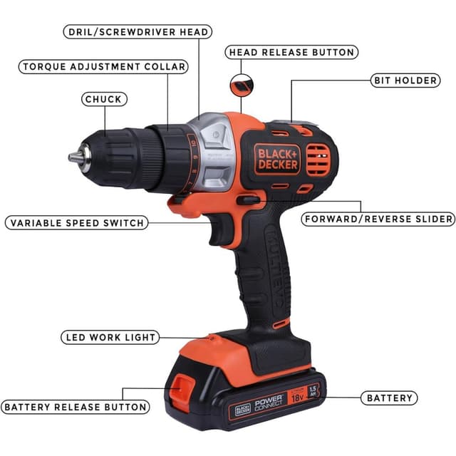 دريل بطارية 18 فولت 1.5 أمبير 10 مم بلاك اند ديكر Black+Decker 18v 1.5ah 10mm Li-Ion Cordless Multi-Evo Multitool Starter Kit With Drill