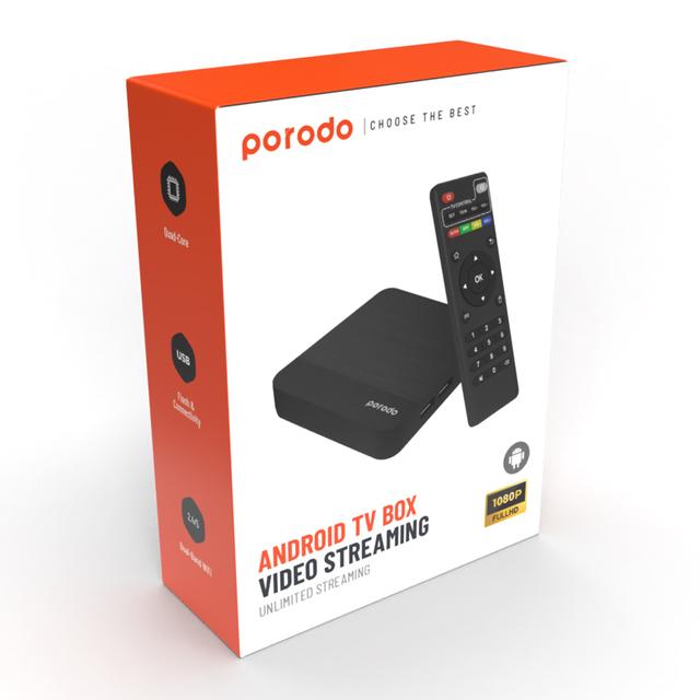 رسيفر يدعم ال 4K أسود بورودو Porodo Android TV Box 1+8 GB Support 4K with BT RCU and USB Dongle