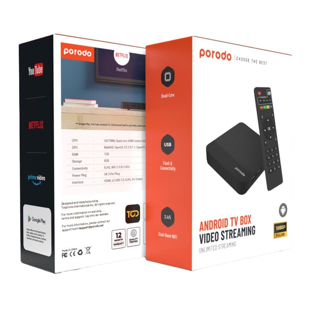 Porodo Android TV Box 1+8 GB Support 4K with BT RCU and USB Dongle - Black - SW1hZ2U6MzI3NDMxNg==