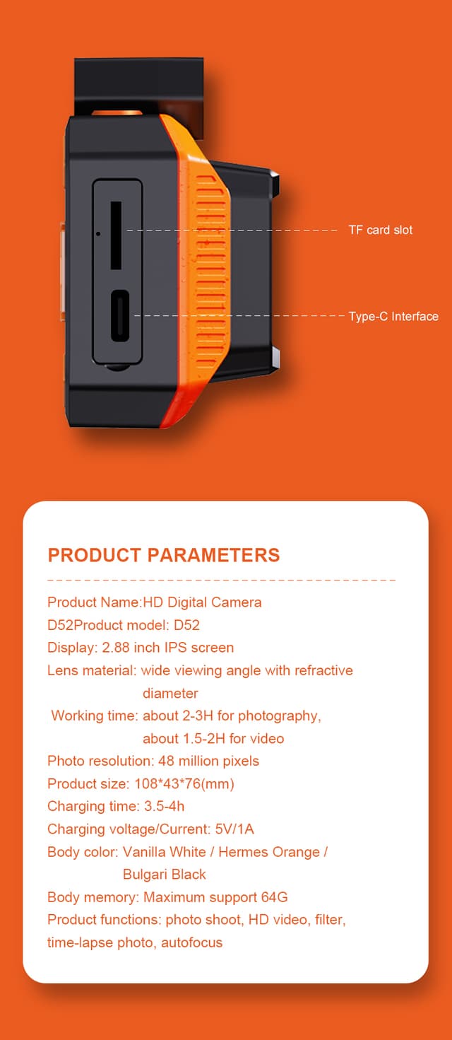 Porodo 48MP Full HD 1080 Digital Camera 18X digital Zoom - Orange