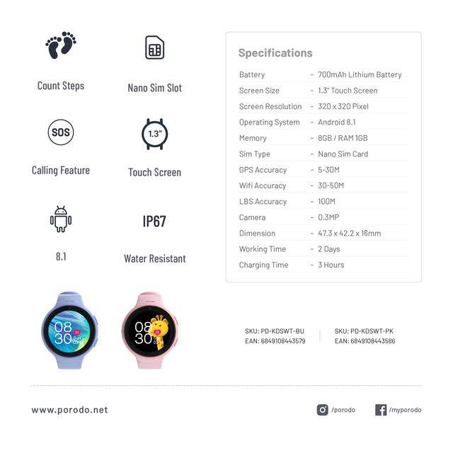 Porodo 4G Kids GPS Smart Watch with JuniCare app - Pink