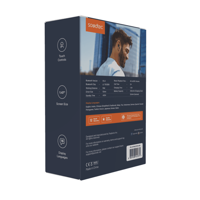 سماعة بلوتوث بورودو Soundtec Wonder TWS مع شاشة تعمل باللمس بلون اسود Porodo Soundtec Wonder TWS Earphone with Touch Screen Black