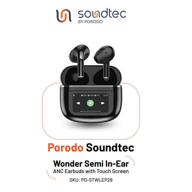 سماعة بلوتوث بورودو Soundtec Wonder TWS مع شاشة تعمل باللمس بلون اسود Porodo Soundtec Wonder TWS Earphone with Touch Screen Black