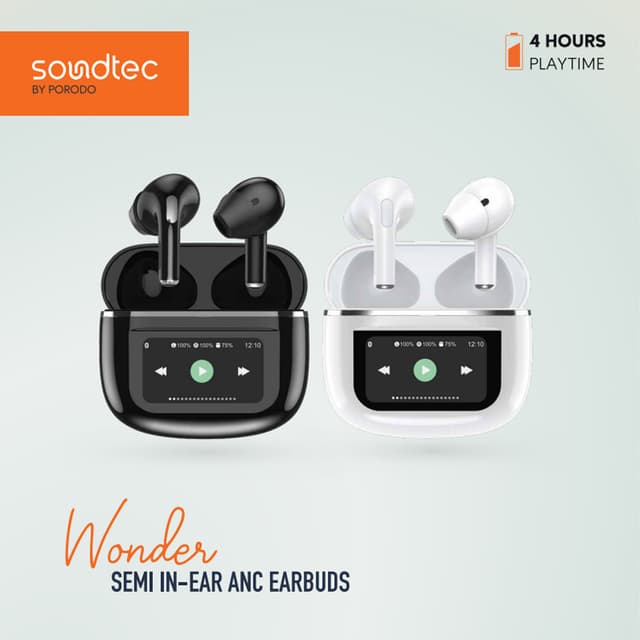سماعة بلوتوث بورودو Soundtec Wonder TWS مع شاشة تعمل باللمس بلون اسود Porodo Soundtec Wonder TWS Earphone with Touch Screen Black