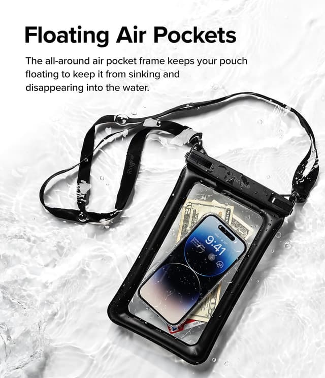 Ringke Waterproof Phone Pouch Floating [Air Pockets] Waterproof Phone Case Compatible with iPhone 14 13 12 11 Pro Max Mini, Dry Bag Designed for Samsung Galaxy S23 Ultra Plus Pixel 7 pro - Black