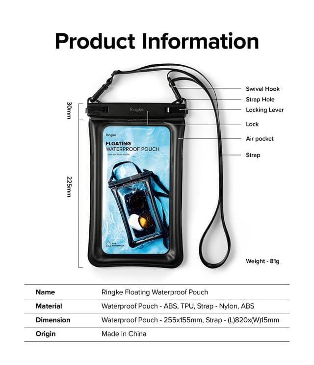 Ringke Waterproof Phone Pouch Floating [Air Pockets] Waterproof Phone Case Compatible with iPhone 14 13 12 11 Pro Max Mini, Dry Bag Designed for Samsung Galaxy S23 Ultra Plus Pixel 7 pro - Black