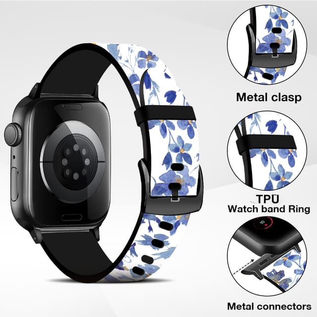 O Ozone Silicone Bands Compatible with Apple Watch Straps 38mm 40mm 41mm Women Men, Stylish Pattern Silicone Straps Replacement Watch Bands for iWatch Series 9 8 7 6 5 4 3 2 1 SE- Blue Flowers
