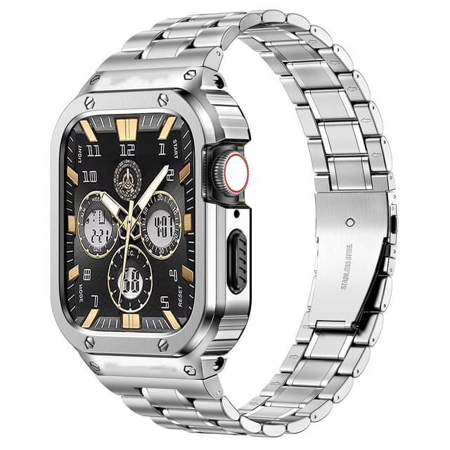 O Ozone Stainless Steel Watch Band with Case Compatible with Apple Watch Series 9/8/7 (45mm) , Metal Strap and Rugged Protective Bumper Cover for iWatch Bands Cases for Men - Silver