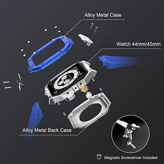 جراب ساعة ابل وتش متوافقة مع جميع الاصدارات لون اسود وفضي من او اوزون O Ozone Silicone Rubber Band with Metal Case Compatible with Apple Watch 45mm 44mm Men