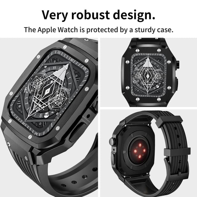 جراب ساعة ابل وتش متوافقة مع جميع الاصدارات لون اسود وفضي من او اوزون O Ozone Silicone Rubber Band with Metal Case Compatible with Apple Watch 45mm 44mm Men