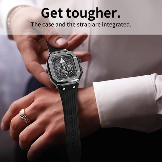 جراب ساعة ابل وتش متوافقة مع جميع الاصدارات لون اسود وفضي من او اوزون O Ozone Silicone Rubber Band with Metal Case Compatible with Apple Watch 45mm 44mm Men