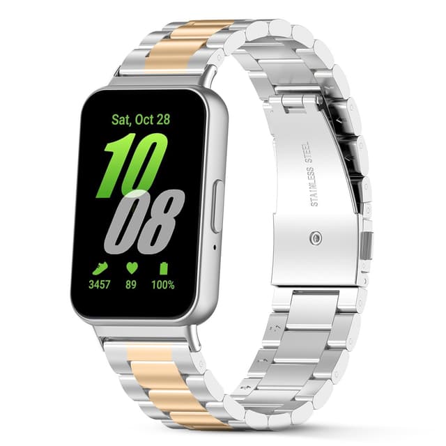 سوار ساعة سامسونغ غلاكسي فيت 3 معدني لون فضي وبرونزي من او اوزون O Ozone Metal Watch Strap Compatible with Samsung Galaxy Fit 3 Wristband Stainless Steel Strap Bracelet for Men Women, Adjustable Replacement Band for Galaxy Fit 3 SM-R390 Smartwatch
