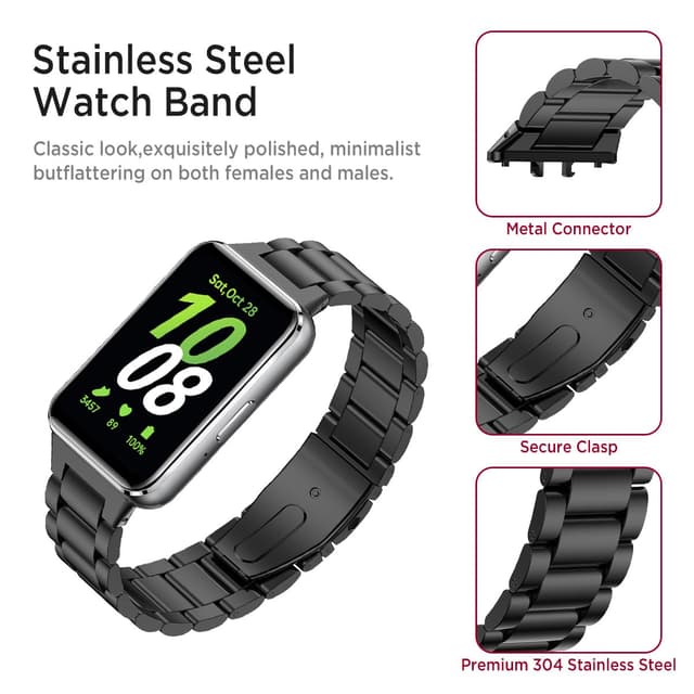 سوار ساعة سامسونغ غلاكسي فيت 3 معدني لون اسود من او اوزون O Ozone Metal Watch Strap Compatible with Samsung Galaxy Fit 3 Wristband Stainless Steel Strap Bracelet for Men Women, Adjustable Replacement Band for Galaxy Fit 3 SM-R390 Smartwatch
