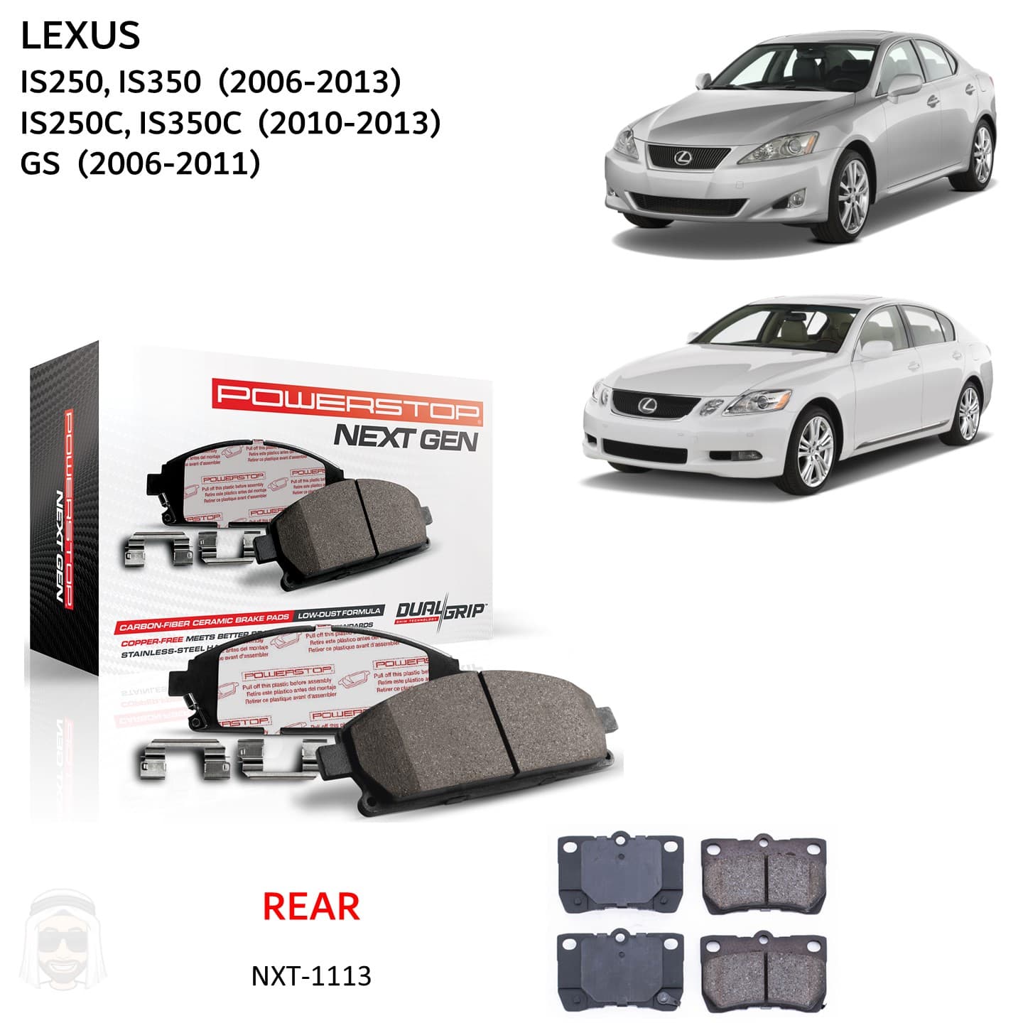 Lexus IS GS - Rear Carbon Fiber Ceramic Brake Pads by PowerStop NextGen (IS250C IS350C IS350F GS300 GS350 GS430 GS460)