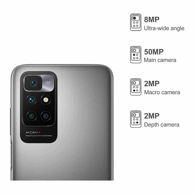 تلفون ردمي 10 يدعم تقنية 4 جي لايت باللون الرمادي الكربوني مع معالج ميديا تيك هيلو جي 88 من شاومي Xiaomi Redmi 10 4GB RAM 128GB 4G LTE Carbon Gray 6.5-inch FHD+ Punch Hole Display, MediaTek Helio G88 Processor5000mAh Battery