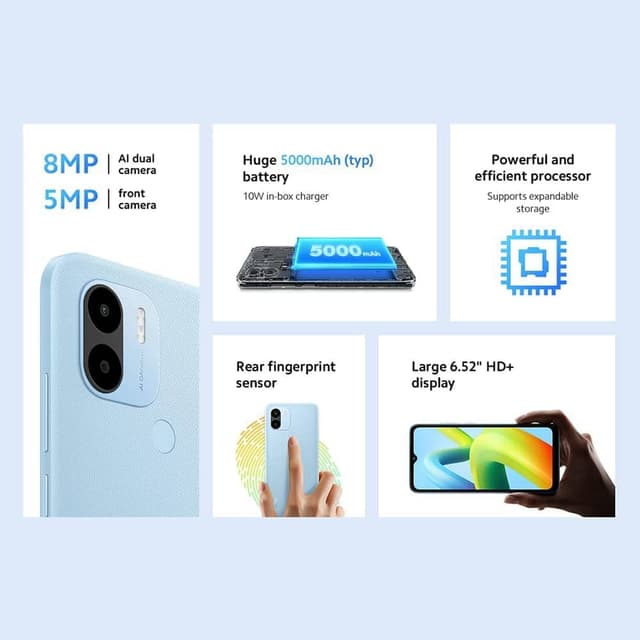 Xiaomi Redmi A1+ Smartphone, 6.52" Display, 2GB RAM, 32GB Storage, 8MP AI Dual Camera, Rear Fingerprint Sensor, Huge 5000mAh Battery, Light Blue