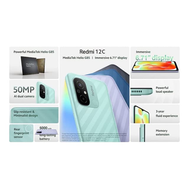 موبايل جوال ريدمي 12 سي رام 6 جيجا 128 جيجا تخزين رمادي شاومي Xiaomi Redmi 12C
