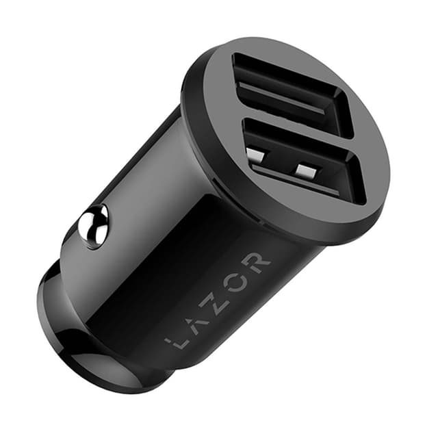 LAZOR Voyager P CC13: Compact Car Charger with 1M Lightning Cable, Carbon Fiber Texture, Dual USB Output, Multi-Protection - Black