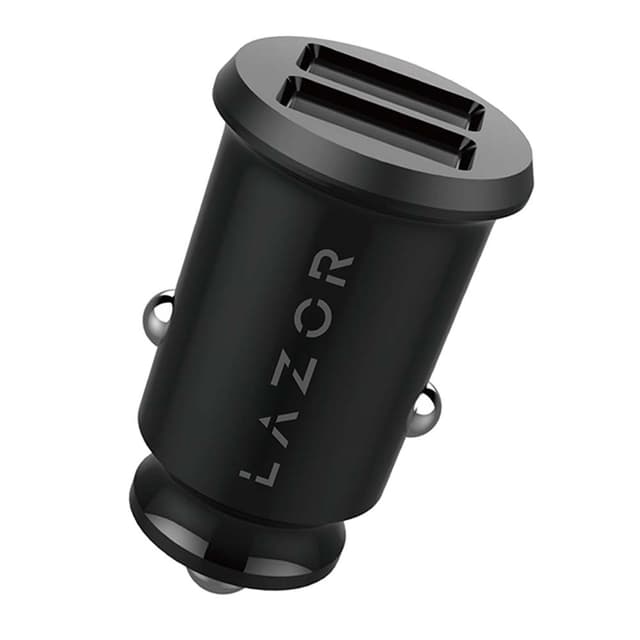 LAZOR Voyager P CC13: Compact Car Charger with 1M Lightning Cable, Carbon Fiber Texture, Dual USB Output, Multi-Protection - Black