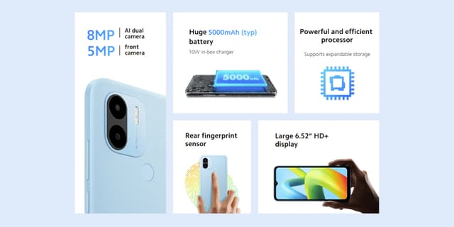 Xiaomi Redmi A1+ Smartphone, 6.52" Display, Dual Sim, 32GB Storage, 2GB RAM, 8MP AI Dual Camera, Rear Fingerprint Sensor, Huge 5000mAh Typ Battery - Black