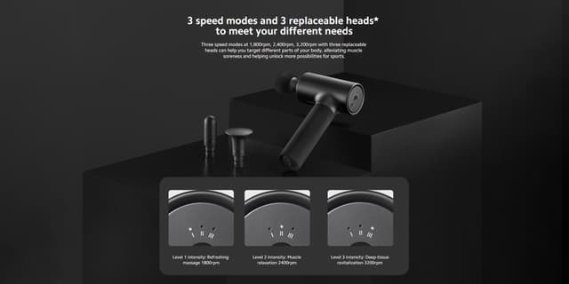 جهاز المساج 4 رؤوس 32 مستوى من الشدة وبطارية 1500 مللي امبير من شاومي Xiaomi Massage Gun UK 4 Massage Heads 32 Levels of Intensity 1500mAh Battery Portable and Lightweight