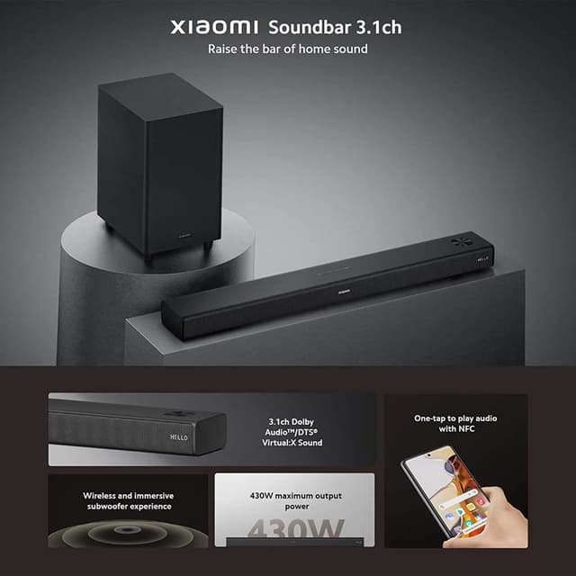 Xiaomi Soundbar 3.1ch, 430W Max Power, 3.1ch DTS® Virtual X Sound, One-tap to Play Audio with NFC