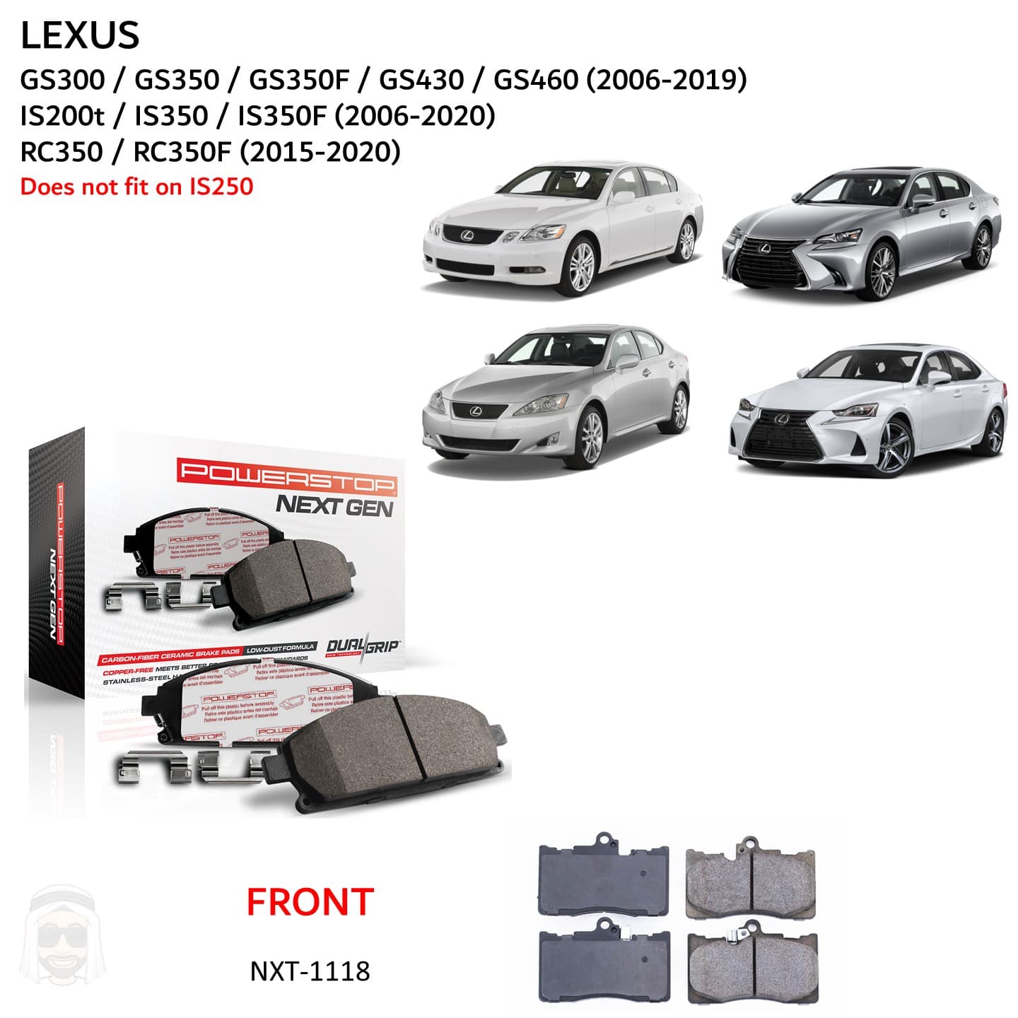 Lexus IS GS - Front Carbon Fiber Ceramic Brake Pads by PowerStop NextGen (GS300 GS350F GS430 GS450h GS460 IS200t IS350F RC350F)