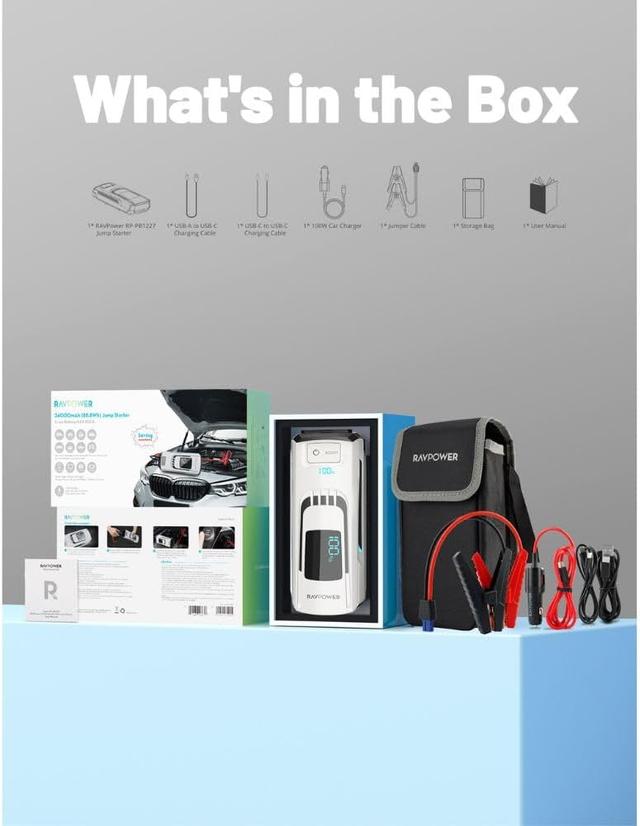 اشتراك للسيارة متنقل راف باور 12 فولت مع باوربانك 24000 مللي أمبير وكشاف طوارئ​ RAVPower 3in1 Jump Starter And Power Bank with LED Flashlight
