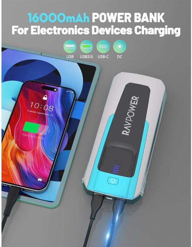 RAVPower 3-in-1 Jump Starter with 16000mAh Power Bank And LED Flashlight