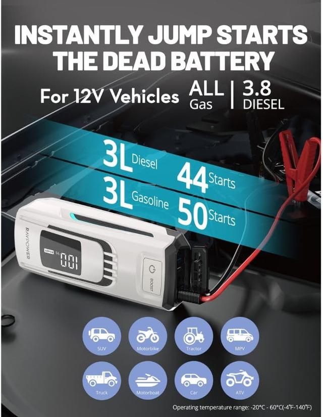 اشتراك للسيارة متنقل راف باور 12 فولت مع باوربانك 24000 مللي أمبير وكشاف طوارئ​ RAVPower 3in1 Jump Starter And Power Bank with LED Flashlight