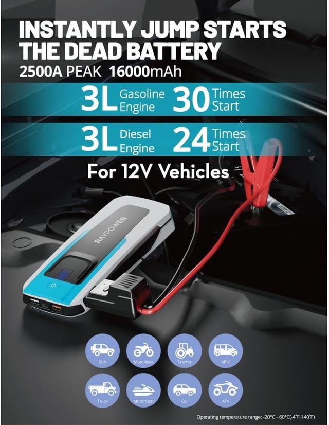 RAVPower 3-in-1 Jump Starter with 16000mAh Power Bank And LED Flashlight