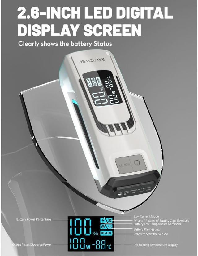 اشتراك للسيارة متنقل راف باور 12 فولت مع باوربانك 24000 مللي أمبير وكشاف طوارئ​ RAVPower 3in1 Jump Starter And Power Bank with LED Flashlight