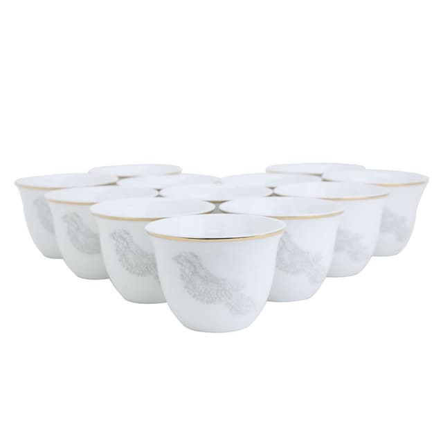 Al Saif Gallery Arabic Coffee Cups Set White Embossed Silver Bird 12 Pieces