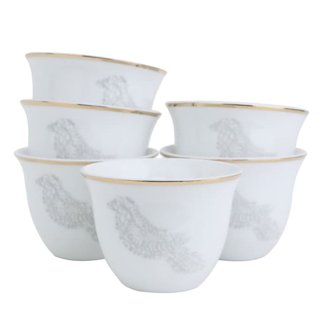 Al Saif Gallery Arabic Coffee Cups Set White Embossed Silver Bird 12 Pieces