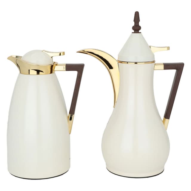 طقم ترامس مها لؤلؤي مع يد خشبية قطعتان السيف غاليري Al Saif Gallery Maha Thermos Set, Matte Pearl With Wooden Handle