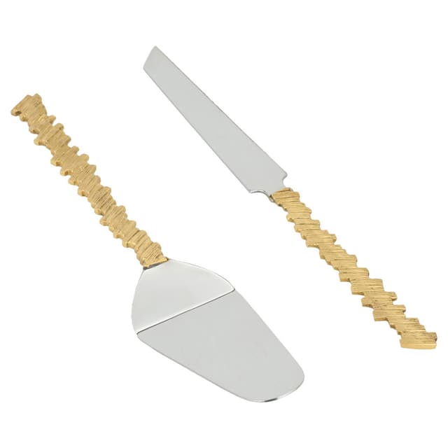 طقم تقديم كيك ستانلس ستيل سكين و ملعقة انديا بلون فضي و يد ذهبية قطعتين السيف غاليري  Al Saif Gallery India Silver Cake Serving Knife Set With Golden Stone Handle Two Pieces
