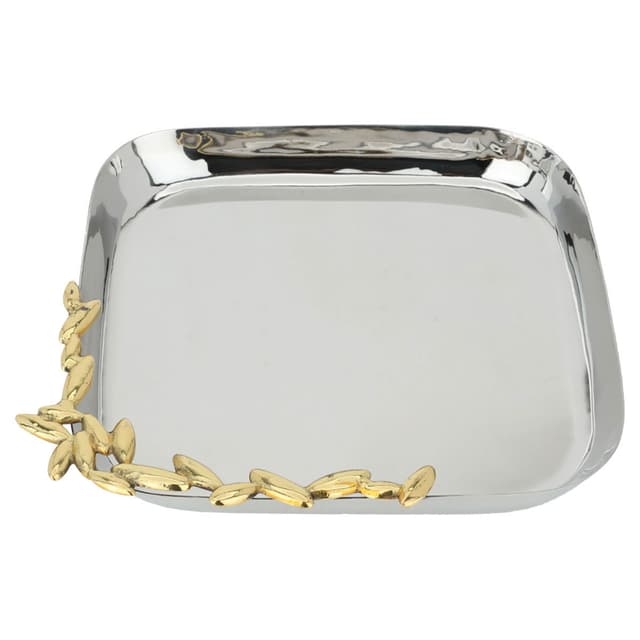 صحن تقديم حلا مربع ستانلس ستيل مع زخرفة باللون الذهبي من السيف غاليري Al Saif Gallery India Square Steel Serving Plate With Golden Edge