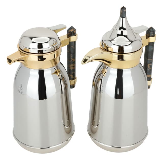 مجموعة ترامس القهوه والشاي ستانلس ستيل المقاوم للصدأ عدد 2 مع مقبض رخامي من السيفAl Saif Gallery Shahd Thermos Set, Silver, Steel, Golden Mouth, Dark Gray Marble Handle, Two Pieces