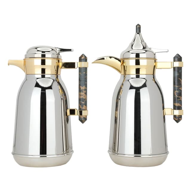 مجموعة ترامس القهوه والشاي ستانلس ستيل المقاوم للصدأ عدد 2 مع مقبض رخامي من السيفAl Saif Gallery Shahd Thermos Set, Silver, Steel, Golden Mouth, Dark Gray Marble Handle, Two Pieces