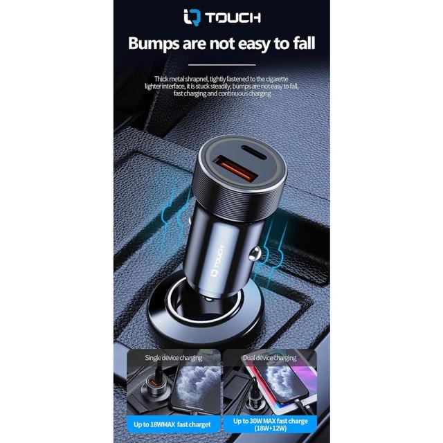 شاحن سيارة اي كيو تاتش منفذين 38 واط مع وصلة تايب سي 1.2 متر IQ Touch Dual Car Charger With Type-C Charging Cable