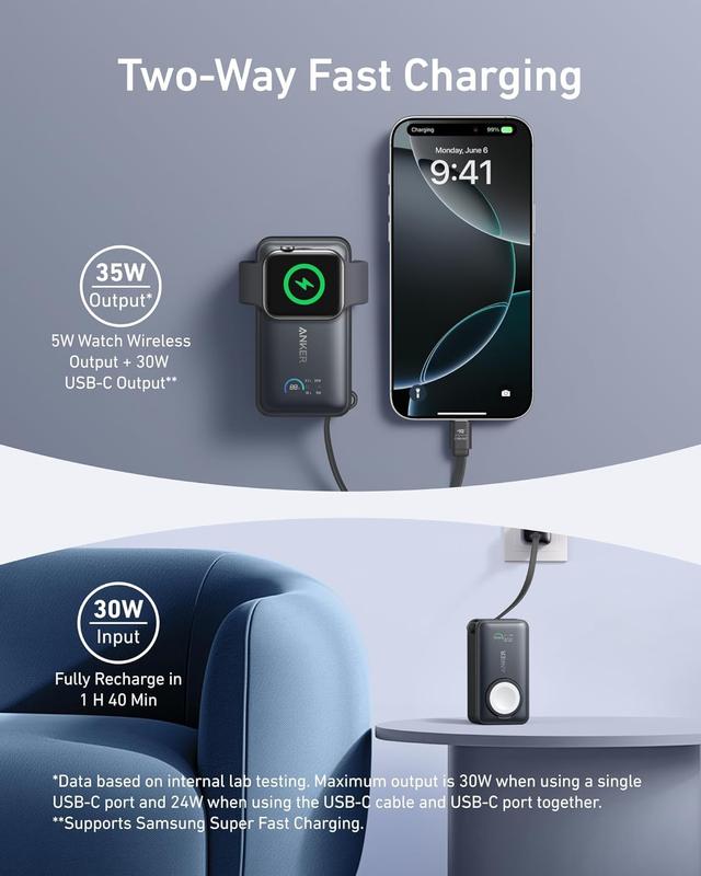 باور بانك انكر مع كابل تايب سي وشاحن ساعة ابل مدمج 10000 مللي أمبير Anker Power Bank Built-In Usb-C Cable And Apple Watch Charger - 719683