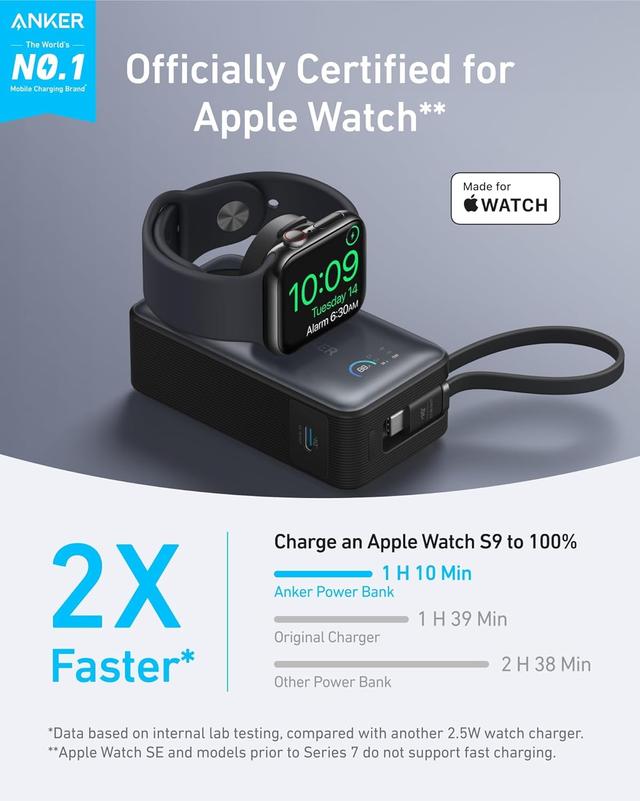 باور بانك انكر مع كابل تايب سي وشاحن ساعة ابل مدمج 10000 مللي أمبير Anker Power Bank Built-In Usb-C Cable And Apple Watch Charger - SW1hZ2U6MzQxNzgxMA==