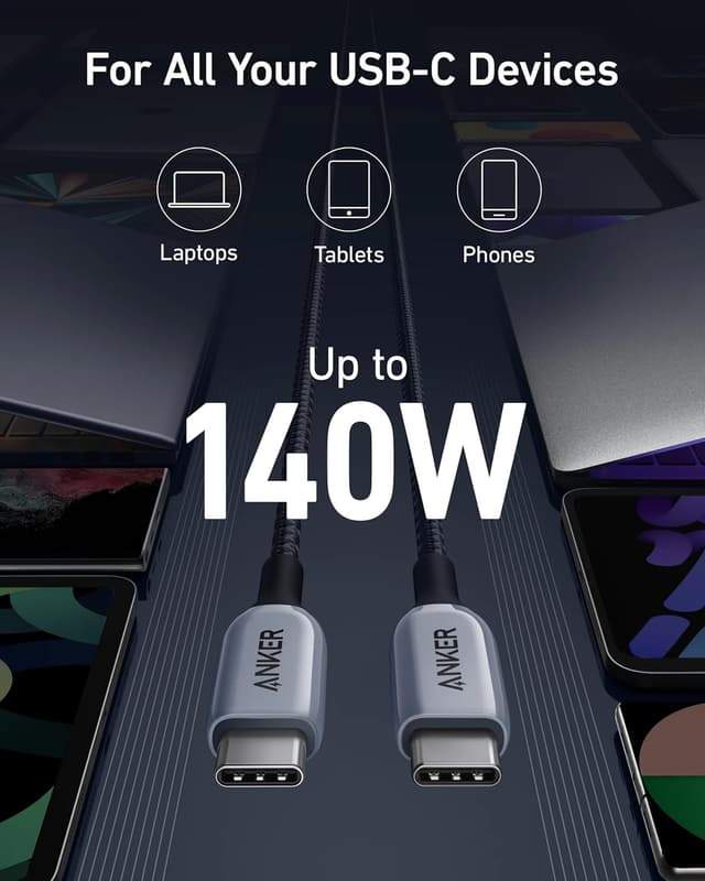 Anker 765 USB-C to USB-C Cable (Nylon) 140W 6ft - Grey - 712614