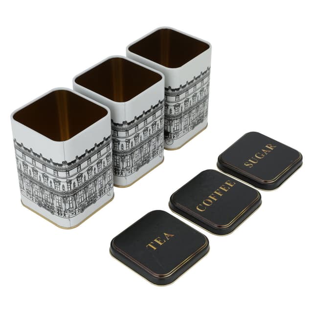 علب سكر وشاي وقهوة 3 قطع من السيف غاليري Al Saif Gallery Black And Grey Square Metal Cans Set 3 Pieces
