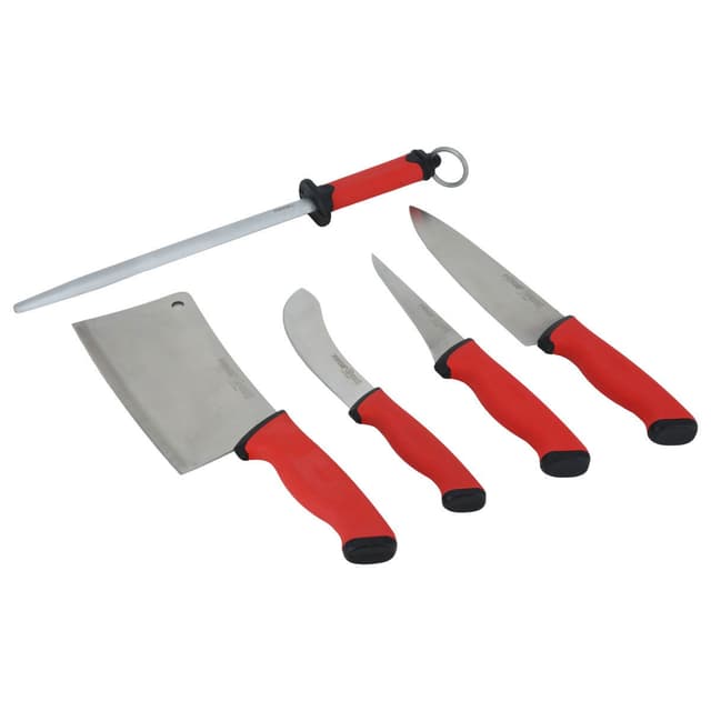 طقم سكاكين ستانلس ستيل أحمر اللون مع ساطور و مسن  وحقيبة رول السيف غاليري  Al Saif Gallery Knives Set With Cleaver Steel Red Roll Bag 5 Pieces - 977461